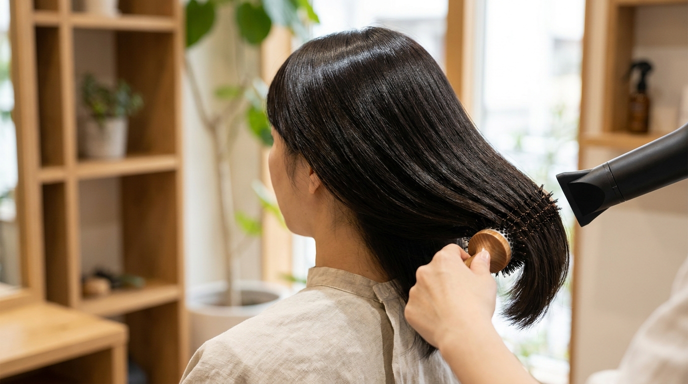 艶のある髪をドライヤーで整える様子
