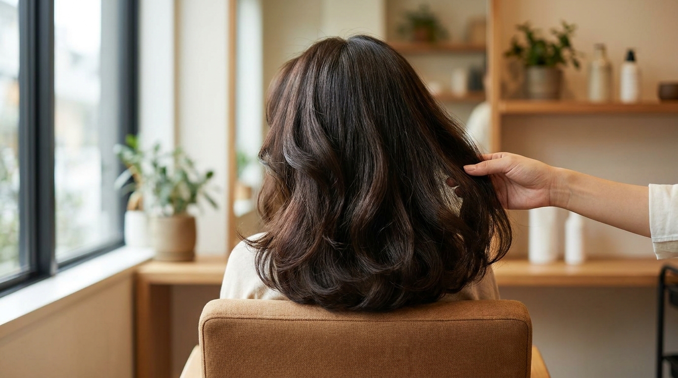 分け目を変えてトップのペタンコを解消するイメージ