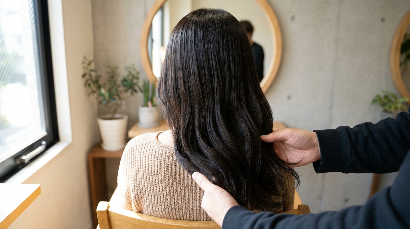 自然な柔らかさを保つ縮毛矯正後のサラサラストレートヘア