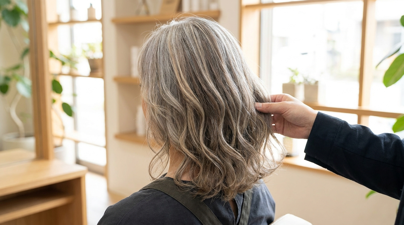 グレイヘアへの移行中、根元の白髪となじんでいく髪の後ろ姿