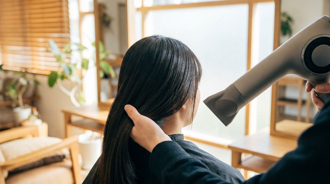 縮毛矯正後の髪を丁寧に乾かすイメージ